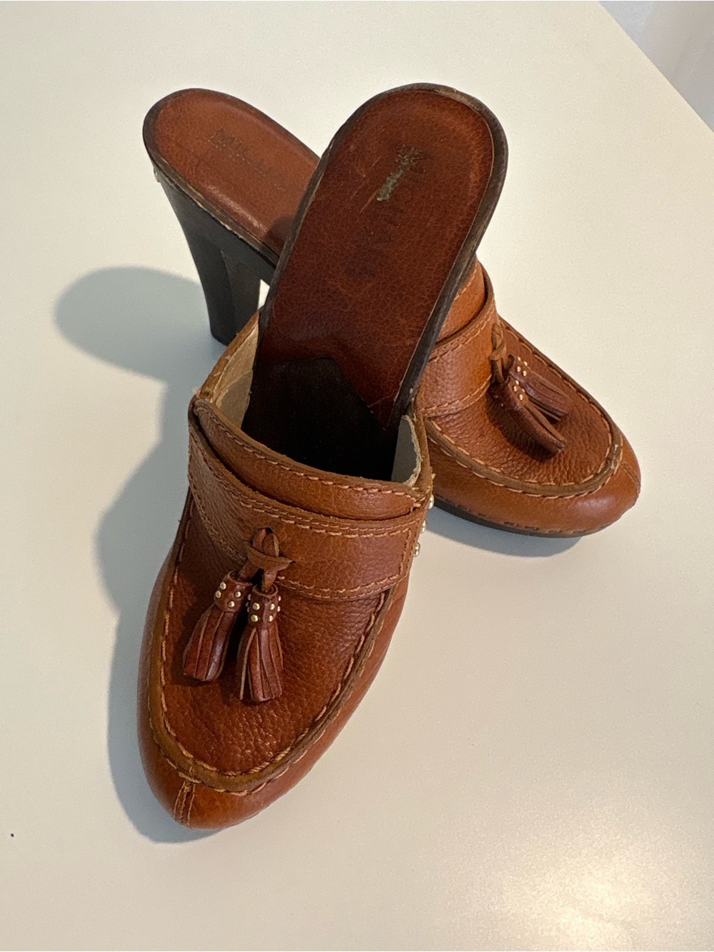 Michael Kors Brown Leather Tassel Mule Clogs Wooden Heel Size 7M - Picture 4 of 12